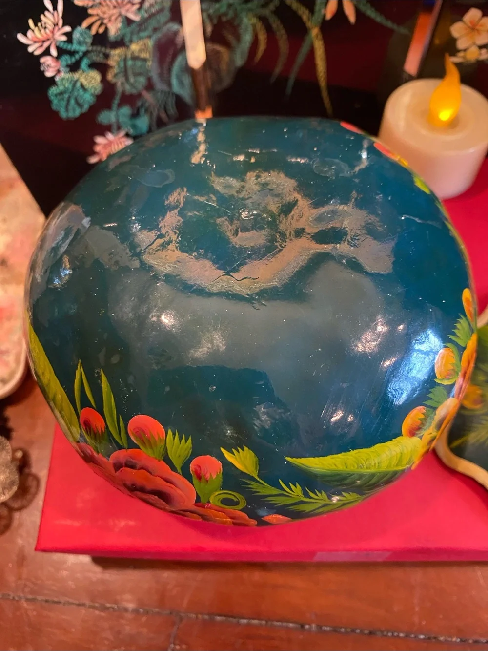 Hand-Painted Floral Lidded Decorative  Trinket Box - Teal and Orange
